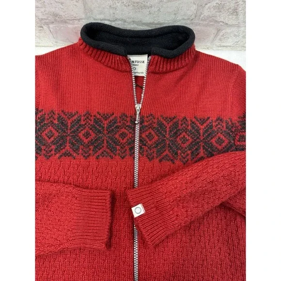 New Susan Fosse Cardigan Aluoen Norway Wool Full Zip Sweater Red Black Small